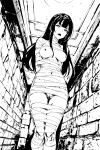  1girl absurdres bdsm bondage bound breasts greyscale highres long_hair looking_at_viewer monochrome mummification_(bound) mummy non-web_source original solo 