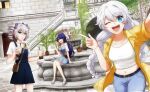  3girls :d ;d absurdres ahoge anniversary bare_shoulders belt blue_bow blue_dress blue_eyes blue_pants bow braid bronya_zaychik casual cup door dress drill_hair drinking_straw english_commentary fountain grey_eyes grey_hair hair_bow highres holding holding_cup homu_(honkai_impact) honkai_(series) honkai_impact_3rd jacket kiana_kaslana kunikabuki long_hair looking_at_viewer midriff milk_tea multiple_girls navel off-shoulder_dress off_shoulder one_eye_closed open_clothes open_jacket open_mouth outdoors pants philippines pinafore_dress plant purple_eyes purple_hair raiden_mei second-party_source shirt short_sleeves sitting sleeveless sleeveless_dress smile stairs stomach tile_floor tile_wall tiles twin_braids twin_drills white_bow white_hair white_shirt window yellow_jacket 