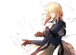  bangs blonde_hair blue_eyes blue_jacket braid brooch commentary dress eyebrows_visible_through_hair flying_paper gloves hair_between_eyes hair_intakes hair_ribbon highres jacket jewelry long_hair long_sleeves nasanail paper petals red_ribbon ribbon solo standing typing violet_evergarden violet_evergarden_(character) 