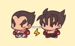  2boys belt black_belt black_eyes black_pants brown_background chibi gloves kazama_jin kotorai lightning_bolt_symbol mishima_kazuya multiple_boys no_mouth no_nose pants purple_belt red_eyes red_gloves scar scar_on_arm scar_on_cheek scar_on_chest scar_on_face short_hair shoulder_tattoo signature simple_background solid_oval_eyes studded_gloves tattoo tekken topless_male v-shaped_eyebrows white_pants 