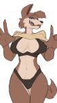 absurd_res anthro beastars big_breasts blue_eyes bra breasts canid canine canis cheek_tuft clothed clothing clothing_lift facial_tuft female front_view hi_res juno_(beastars) mammal midriff open_mouth panties partially_clothed rolling_beast sharp_teeth shirt shirt_lift simple_background smile solo standing teeth thigh_gap topwear tuft underwear white_background wolf