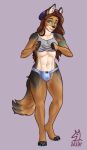  abs athletic beanie blue_eyes blue_panties breasts brown_hair bulge canine clothed clothing dickgirl digitigrade eye_contact hair hat intersex lips long_hair mammal markings panties piercing skimpy slim solo thick_thighs trans_character underwear wide_hips wolf zwijgen 