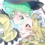  2girls 72mikan_1687 black_headwear blonde_hair blush close-up closed_mouth commentary eye_contact eyelashes fang flandre_scarlet floating_hair forehead forehead-to-forehead frilled_shirt_collar frilled_sleeves frills from_side green_eyes green_hair hand_on_another&#039;s_cheek hand_on_another&#039;s_face hat heads_together highres komeiji_koishi long_hair long_sleeves looking_at_another medium_hair mob_cap multiple_girls nose open_mouth pointy_ears profile red_eyes shirt simple_background smile surprised teeth touhou tsurime upper_teeth_only white_background white_headwear wide-eyed wide_sleeves yellow_shirt 