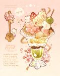  artist_name cherry_blossoms commentary dango english_commentary english_text food food_focus fruit gold_ribbon gradient_background highres nao_(bestrollever) no_humans original oversized_object parfait petals pink_background rabbit sanshoku_dango simple_background speech_bubble spoon spring_(season) strawberry sugar_cube wagashi whipped_cream yellow_background 