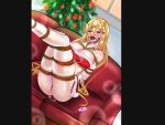  1girl absurdres arms_behind_back ball_gag bandeau bare_shoulders blonde_hair blurry blurry_background blush bound breasts christmas_tree collarbone couch egg_vibrator english_commentary fur-trimmed_bandeau fur-trimmed_skirt fur_trim gag gloves hair_between_eyes highres indoors large_breasts legs_up long_hair looking_at_viewer miniskirt object_insertion on_couch red_bandeau red_skirt ribbon ribbon_bondage santa_costume sex_toy shokuhou_misaki sitting skirt solo sparkling_eyes sweat toaru_kagaku_no_mental_out toaru_kagaku_no_railgun toaru_majutsu_no_index vaginal vaginal_object_insertion very_long_hair vibrator white_gloves yellow_eyes yuy 