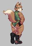adjusting_thong anthro back_muscles belt biceps big_butt big_tail black_nose blush blush_lines boots butt canid canine clothing clothing_pull compression_suit exposed_butt fingerless_gloves footwear fox fox_mccloud fur gloves green_clothing handwear headgear headpiece hi_res hunnipanda leotard leotard_pull looking_down male mammal military_uniform muscular muscular_anthro muscular_arms muscular_butt muscular_male muscular_thighs nintendo orange_body orange_fur rear_view solo star_fox tail tight_clothing uniform wedgie wide_hips