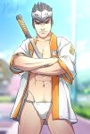  1boy body_hair bulge crotch genji_(overwatch) kyon_(artist) male_focus outdoors overwatch solo underwear weapon 