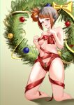  1girl 2_ru absurdres ass_visible_through_thighs barefoot blush bow breasts brown_eyes brown_hair christmas christmas_ornaments christmas_tree collarbone full_body green_background hair_ornament highres kneeling looking_at_viewer magia_record:_mahou_shoujo_madoka_magica_gaiden mahou_shoujo_madoka_magica medium_breasts multicolored_hair naked_ribbon navel ooba_juri open_mouth orange_eyes orange_hair red_ribbon ribbon side_ponytail smile solo streaked_hair two-tone_hair 