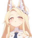  1girl animal_ear_fluff animal_ears bare_shoulders blonde_hair blue_archive dress fox_ears halo long_hair n4gare_b0shi parted_lips portrait seia_(blue_archive) simple_background solo triangle_mouth white_background white_dress yellow_eyes yellow_halo 