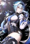 1girl black_gloves black_hairband blue_cape blue_gloves blue_hair blue_necktie boots breasts cape chest_harness closed_mouth clothing_cutout cowboy_shot crossed_legs dark_background eula_(genshin_impact) genshin_impact gitatsu gloves hair_ornament hairband hand_up harness high-waist_shorts highres large_breasts lens_flare long_sleeves looking_at_viewer medium_hair necktie playing_with_own_hair shorts shoulder_cutout smile snowflakes solo spotlight thigh_boots thighs turning_head vision_(genshin_impact) watson_cross white_sleeves wide_sleeves yellow_eyes 