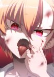 1girl blood blue_archive bruise bruise_on_face cuts earrings finger_in_own_mouth hair_between_eyes highres hitotose_rin injury jewelry looking_at_viewer mole mole_under_eye neru_(blue_archive) open_mouth orange_hair portrait red_eyes solo stud_earrings teeth tongue tongue_out 