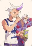  2boys beard brushing_teeth closed_eyes cup drayden_(pokemon) drayton_(pokemon) facial_hair grandfather_and_grandson highres holding holding_toothbrush how_long mug multicolored_hair multiple_boys pajamas pokemon pokemon_bw pokemon_sv print_pajamas purple_hair purple_pajamas short_hair sleepy spiked_hair streaked_hair tank_top toothbrush toothbrush_in_mouth two-tone_hair white_hair yellow_eyes 