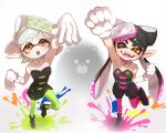  2girls ;d arm_up bare_shoulders black_dress black_footwear black_hair blush boots bow-shaped_hair breasts callie_(splatoon) clenched_hands commentary_request cross-shaped_pupils detached_collar dress earrings fangs gloves gradient_hair green_pantyhose grey_hair hair_ornament hand_up highres jewelry leg_up long_hair looking_at_viewer marie_(splatoon) medium_breasts medium_hair mole mole_under_eye mr._grizz_(splatoon) multicolored_hair multiple_girls one_eye_closed onikuman open_mouth orange_eyes paint paint_splatter pantyhose parted_bangs pink_hair pink_pantyhose pointy_ears short_dress short_eyebrows simple_background smile splatoon_(series) splatoon_3 strapless strapless_dress swept_bangs symbol-shaped_pupils teeth tentacle_hair thick_eyebrows tongue twintails v-shaped_eyebrows very_long_hair white_background white_gloves wing_collar 
