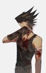  1boy absurdres arm_up bandaged_arm bandaged_neck bandages belt black_hair black_tank_top blood blood_on_bandages blood_on_chest blood_on_clothes blood_on_face blue_eyes brown_gloves elbow_gloves expressionless facial_mark facial_tattoo fudou_yuusei gloves grey_background highres male_focus multicolored_hair naoki_(2rzmcaizerails6) no_jacket pants short_hair simple_background solo spiked_hair standing streaked_hair tank_top tattoo upper_body wiping_face yu-gi-oh! yu-gi-oh!_5d&#039;s 