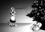 2023 anthro black_and_white broom christmas christmas_tree cleaning_tool clothing female fish gift greyscale hi_res hladilnik holidays lonely_shark_(hladilnik) maid_uniform marine monochrome ornament plant shark solo tree uniform