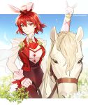  1girl absurdres animal animal_ears brown_pantyhose closed_mouth commentary commission english_commentary fake_animal_ears fire_emblem fire_emblem:_mystery_of_the_emblem fire_emblem_heroes gloves hair_between_eyes hat highres horse horseback_riding jacket looking_at_viewer minerva_(fire_emblem) minerva_(spring)_(fire_emblem) mini_hat mini_top_hat official_alternate_costume pantyhose pixiv_commission playboy_bunny rabbit_ears red_eyes red_hair red_jacket riding see-through short_hair silvercandy_gum sitting sleeveless sleeveless_jacket top_hat twitter_username white_gloves white_headwear white_horse 