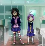  ahoge alternate_costume arrow black_hair blush chair chamaji check_commentary collared_shirt commentary commentary_request desk door hair_between_eyes hair_ornament hairclip hands_in_pockets hood hoodie indoors jacket kijin_seija kneehighs looking_away multicolored_hair multiple_girls neck_ribbon office pleated_skirt pout purple_hair red_eyes red_hair ribbon school_uniform shirt shoes short_hair skirt streaked_hair striped striped_legwear sukuna_shinmyoumaru thighhighs touhou twitter_username uwabaki vest white_hair 