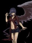  129adam 1girl belt black_background blue_shorts blunt_bangs breasts brown_belt feathered_wings feathers holding holding_knife holding_scissors holding_weapon knife long_hair looking_at_viewer navel original purple_hair scissors shorts single_wing small_breasts smile solo weapon wings 