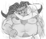 &lt;3 1_horn 2023 2_horns anthro arms_around_neck belly blush bovid caprine chest_tuft demigod dialogue duo embrace english_text facial_hair female hair hi_res horn horned_humanoid hug hugging_from_behind humanoid kemono league_of_legends long_hair male male/female mammal monochrome moobs musclegut neck_hug nuhoangxitray ornn_(lol) overweight overweight_male riot_games shy simple_background soraka text towel towel_only tuft