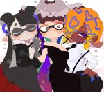  black_dress black_pants breasts brown_eyes cleavage dark-skinned_female dark_skin dress hand_on_own_ass highres holding_hands kiirono looking_at_viewer multiple_girls necktie orange_hair pants purple_eyes shirt smile splatoon_(series) splatoon_3 suspenders tentacle_hair white_shirt yoko_&amp;_the_gold_bazookas_trombonist yoko_(splatoon) 