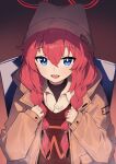  1girl :d absurdres backpack bag beanie blue_archive blue_eyes brown_coat brown_sweater coat commentary hair_between_eyes halo hat highres long_hair long_sleeves looking_at_viewer maki_(blue_archive) maki_(camp)_(blue_archive) official_alternate_costume open_mouth red_hair red_halo shirt smile solo sweater upper_body white_headwear white_shirt yuku~ 