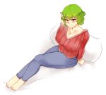 1girl barefoot blue_pants blush breasts cleavage feet from_above full_body green_hair kazami_yuuka large_breasts legs looking_at_viewer on_bed pants pillow red_eyes ribbed_sweater rtil short_hair sitting solo sweater toenails toes touhou 