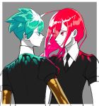  ahoge androgynous aqua_eyes aqua_hair black_neckwear collared_shirt face-to-face gem_uniform_(houseki_no_kuni) green_eyes green_hair grey_background hachibani houseki_no_kuni long_hair multiple_others necktie phosphophyllite red_eyes red_hair shinsha_(houseki_no_kuni) shirt short_hair short_sleeves spoiler_check spoilers 