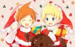  0mzum1 2boys :d ^_^ antlers bell blonde_hair blue_eyes blush boney bow box brothers brown_background candy candy_cane capelet christmas christmas_tree claus_(mother_3) closed_eyes commentary_request dog fake_antlers fang food fur-trimmed_capelet fur-trimmed_headwear fur-trimmed_jacket fur-trimmed_sleeves fur_trim gift gift_box green_ribbon hand_up hands_up hat holding holding_gift holding_sack holly jacket jingle_bell long_sleeves lucas_(mother_3) male_focus mother_(game) mother_3 multiple_boys open_mouth orange_hair parted_bangs pom_pom_(clothes) quiff red_bow red_capelet red_headwear red_jacket reindeer_antlers ribbon sack santa_costume santa_hat short_hair siblings simple_background skin_fang smile star_(symbol) tongue tongue_out upper_body 