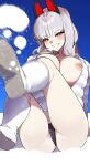  1girl black_panties blue_sky blush boots breasts breasts_out cameltoe carmilla_(fate) fate/grand_order fate_(series) grin hair_ornament highres jacket knee_boots large_breasts long_hair long_sleeves looking_at_viewer monkey_jon nipples panties sky smile snow solo underwear white_hair white_jacket yellow_eyes 