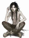  1other black_hair blood boots copyright_request gradient_hair green_hair highres jewelry kny_yy long_hair multicolored_hair navel neck_ring pants solo tagme tongue tongue_out topless 