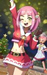  1boy 1girl ;d arm_up belt blush brown_gloves christmas christmas_tree commentary_request crispin_(pokemon) eyelashes gloves hair_ornament hairclip hand_up highres inana_umi lacey_(pokemon) midriff navel one_eye_closed open_mouth pink_hair pokemon pokemon_sv skirt smile teeth tongue upper_teeth_only yellow_eyes 