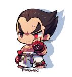  1boy belt black_eyes black_hair chibi closed_mouth drop_shadow fingernails full_body gloves kotorai male_focus mishima_kazuya pants purple_belt red_eyes red_gloves scar scar_on_arm scar_on_chest scar_on_face signature solo sweatdrop tekken thick_eyebrows v-shaped_eyebrows white_background white_pants 