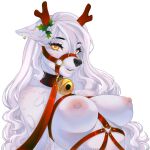 absurd_res anthro belt big_breasts breasts bridle canid canine christmas digital_media_(artwork) female fur gold_(metal) gold_jewelry hair hi_res holidays horn jewelry looking_at_viewer mammal nipples nude red simple_background smile solo stelladraco white_background white_body