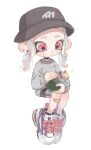  1girl :o absurdres bandaid bandaid_on_leg black_headwear ear_piercing full_body gradient_hair grey_hair grey_sweater hat highres long_hair low_twintails multicolored_hair myon_rio octoling octoling_girl piercing red_eyes red_hair shoes simple_background smallfry_(splatoon) solo splatoon_(series) sweater tentacle_hair thick_eyebrows twintails two-tone_hair white_background 