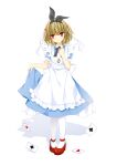  1girl absurdres alice_(alice_in_wonderland) alice_(alice_in_wonderland)_(cosplay) alice_in_wonderland apron black_ribbon blonde_hair blue_dress blunt_bangs card closed_mouth commentary cosplay dress eyes_visible_through_hair frilled_apron frills frown full_body hair_bobbles hair_ornament hair_ribbon hanesaki_seika head_tilt highres kamome_(hanesaki_seika) looking_to_the_side maid_apron mary_janes neck_ribbon original pantyhose pocket_watch puffy_short_sleeves puffy_sleeves red_eyes red_footwear ribbon shoes short_hair short_sleeves shy simple_background skirt_hold solo standing straight-on two_side_up watch white_apron white_background white_pantyhose white_ribbon 