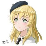  anzio_school_uniform artist_name bangs beret black_hat black_neckwear blonde_hair carpaccio closed_mouth cropped_neck dated dress_shirt eyebrows_visible_through_hair girls_und_panzer green_eyes hat long_hair looking_at_viewer necktie portrait school_uniform shamakho shirt signature simple_background smile solo white_background white_shirt wing_collar 