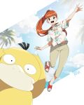  1girl :d absurdres brown_eyes brown_hair buttons capri_pants cloud collared_shirt commentary_request day highres long_hair open_mouth outdoors palm_tree pants pokemon pokemon_(creature) ponytail psyduck r3dfive sandals shirt short_sleeves sky smile teeth toes tongue tree upper_teeth_only 