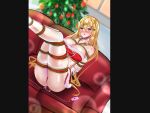  1girl absurdres arms_behind_back bandeau bare_shoulders blonde_hair blurry blurry_background blush bound breasts christmas_tree collarbone couch egg_vibrator english_commentary fur-trimmed_bandeau fur-trimmed_skirt fur_trim gloves hair_between_eyes highres indoors large_breasts legs_up long_hair looking_at_viewer miniskirt object_insertion on_couch open_mouth red_bandeau red_skirt ribbon ribbon_bondage santa_costume sex_toy shokuhou_misaki sitting skirt solo sparkling_eyes sweat toaru_kagaku_no_mental_out toaru_kagaku_no_railgun toaru_majutsu_no_index vaginal vaginal_object_insertion very_long_hair vibrator white_gloves yellow_eyes yuy 