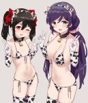  2girls ;d animal_ears animal_print bell bikini black_collar black_hair blush bow breasts collar commentary_request cow_ears cow_horns cow_print cow_print_bikini cowbell double_v elbow_gloves fake_animal_ears fake_horns gloves green_hair grey_background hair_bow hair_ornament hair_scrunchie highres horns kurokawa_makoto large_breasts long_hair looking_at_viewer love_live! love_live!_school_idol_project low_twintails multiple_girls navel neck_bell one_eye_closed pink_scrunchie print_bikini purple_hair red_bow red_eyes scrunchie short_hair side-tie_bikini_bottom simple_background small_breasts smile swimsuit thighhighs toujou_nozomi twintails v white_bikini white_gloves white_thighhighs yazawa_nico yellow_horns 