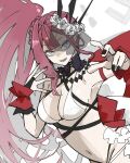  1girl baobhan_sith_(fate) baobhan_sith_(swimsuit_pretender)_(fate) baobhan_sith_(swimsuit_pretender)_(third_ascension)_(fate) bikini breasts bridal_gauntlets fate/grand_order fate_(series) flower grey_eyes hair_flower hair_ornament highres ki_wa001 long_hair medium_breasts nail_polish navel pink_hair pointy_ears side_ponytail swimsuit white_bikini 