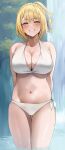  1girl absurdres bare_shoulders blonde_hair blue_eyes blush breasts cleavage collarbone grin highres large_breasts looking_at_viewer medium_hair navel nue_no_onmyouji ponytail smile solo suo_kazusa thighs usa_b 