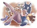  2girls absurdres animal_ears back_bow bare_shoulders black_dress black_pantyhose blonde_hair blue_eyes blush bow brown_hair chai_chai_huishi dress giraffe_ears giraffe_horns giraffe_print giraffe_tail grey_hair grey_wolf_(kemono_friends) hair_between_eyes heterochromia highres horns kemono_friends kemono_friends_3 long_hair looking_at_viewer lying multicolored_hair multiple_girls notepad official_alternate_costume on_side pantyhose pencil print_skirt reticulated_giraffe_(kemono_friends) shoes sidelocks single_shoe sitting skirt tail two-tone_dress white_dress white_hair wolf_ears wolf_girl wolf_tail yellow_eyes 