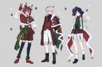  3boys absurdres alternate_costume bishounen coat full_body genshin_impact gift gloves green_eyes hat highres kaedehara_kazuha lyrie_luna male_focus multiple_boys purple_eyes purple_hair red_eyes red_gloves red_hair red_shirt ribbon santa_costume santa_hat scaramouche_(genshin_impact) shikanoin_heizou shirt short_hair shorts simple_background smile v white_background white_coat white_hair 