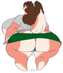 anthro big_breasts big_butt blue_clothing blue_panties blue_underwear bodily_fluids bottomwear breasts brown_hair butt camel_toe clothed clothing curvy_figure dragon female genital_fluids green_bottomwear green_clothing green_skirt hair huge_breasts huge_butt long_hair looking_at_viewer looking_back mature_female miss_l overweight overweight_anthro overweight_female panties pussy_juice rear_view shirt simple_background skirt smile solo tail thick_thighs topwear undersized_clothes underwear vdisco voluptuous white_background wide_hips
