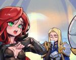  1boy 1girl :o armor blonde_hair blush breasts brown_gloves character_request drinking fingerless_gloves gloves green_eyes katarina_(league_of_legends) knight league_of_legends long_hair medium_breasts phantom_ix_row scar scar_across_eye shiny_skin shoulder_plates teeth upper_teeth_only 