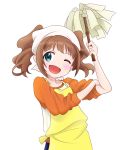  1girl absurdres apron artist_request bangs blush brown_hair feather_duster green_eyes grin headscarf idolmaster looking_at_viewer one_eye_closed open_mouth orange_shirt smile takatsuki_yayoi twintails wink 