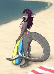 anthro beach beach_towel big_butt bikini breasts butt clothing female fin fish freckles grey_body hair hi_res inflatable inner_tube lamnid lamniform looking_at_viewer marine non-mammal_breasts outside purple_hair salmon_shark sand seaside shark sharkcatsg shelby_(aquasnug) smile solo speckled_body standing swimwear tail tail_fin thick_tail towel water