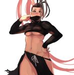  1girl 6maker absurdres antenna_hair black_sweater bow_skirt breasts cropped_sweater grabbing_another&#039;s_hair grey_eyes hand_on_own_hip high_ponytail highres ibuki_(street_fighter) long_hair looking_at_viewer medium_breasts navel no_bra no_panties pelvic_curtain revealing_clothes solo street_fighter sweater thighs toned turtleneck turtleneck_sweater underboob very_long_hair 