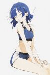  1girl ai-generated armpit_crease arms_between_legs bare_arms bare_legs bare_shoulders between_legs blue_bra blue_hair blue_shorts blunt_bangs bocchi_the_rock! bra breasts closed_eyes closed_mouth collarbone cropped_legs drooling facing_viewer feet_out_of_frame grey_background hair_ornament hand_between_legs hands_on_lap hands_on_own_knees highres invisible_chair light_blush medium_breasts medium_hair micro_shorts midriff mole mole_under_eye monochrome navel open_mouth parted_lips saliva shark_lj short_hair short_shorts shorts simple_background sitting sleeping small_breasts solo sports_bikini sports_bra sportswear stomach thighs underwear v_arms white_background yamada_ryo 