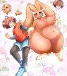 anthro biped bottomwear breasts brown_body butt clothed clothing duo featureless_breasts female fur generation_4_pokemon hi_res holding_breast human leonkatlovre lopunny mammal nintendo nude obese obese_female overweight overweight_female pokemon pokemon_(species) shorts thick_thighs